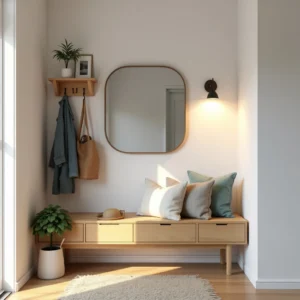 Entrée maison fonctionnelle et cozy dans un petit appartement urbain, avec banc de rangement, porte-manteau mural, grand miroir et touches décoratives. Éclairage doux et ambiance organisée.