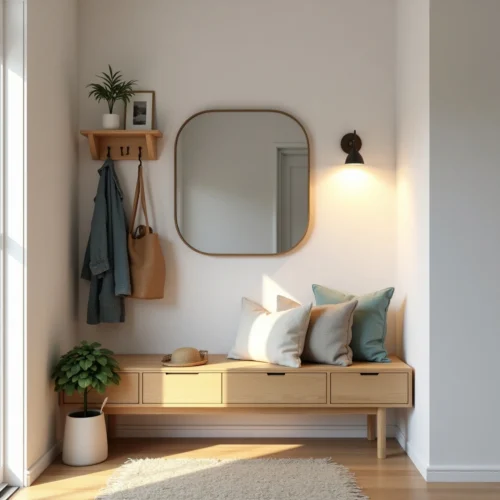 Entrée maison fonctionnelle et cozy dans un petit appartement urbain, avec banc de rangement, porte-manteau mural, grand miroir et touches décoratives. Éclairage doux et ambiance organisée.