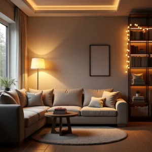 Salon cosy avec éclairage superposé, lampadaire, lampe de table, guirlandes lumineuses et tableau harmonieux pour une ambiance chaleureuse.