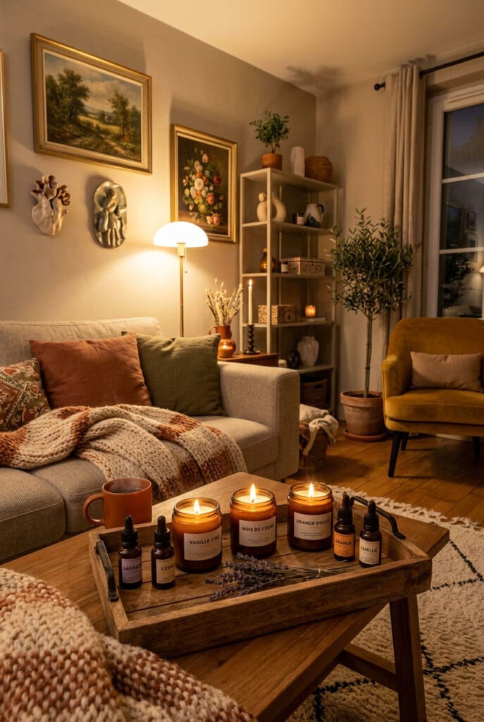 Bougies maison parfumées aux huiles essentielles dans un intérieur cosy et chaleureux