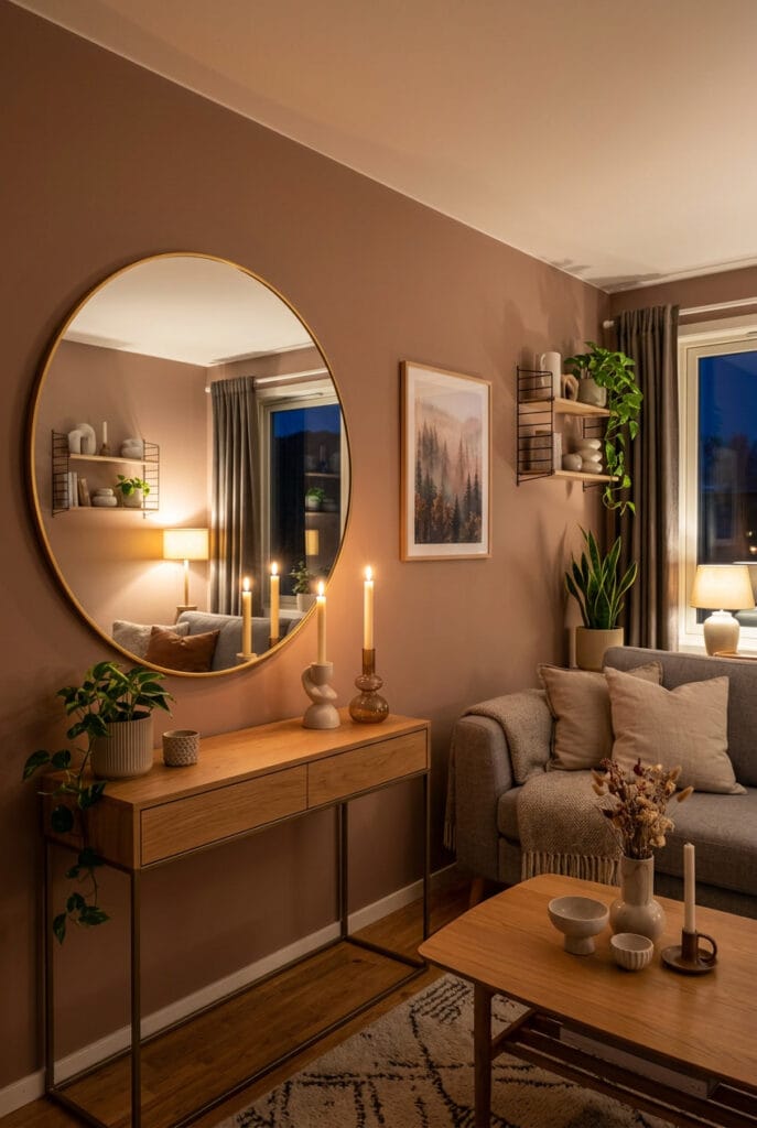 Bougies maison disposées devant miroir vintage pour refléter lumière dorée et agrandir espace cosy