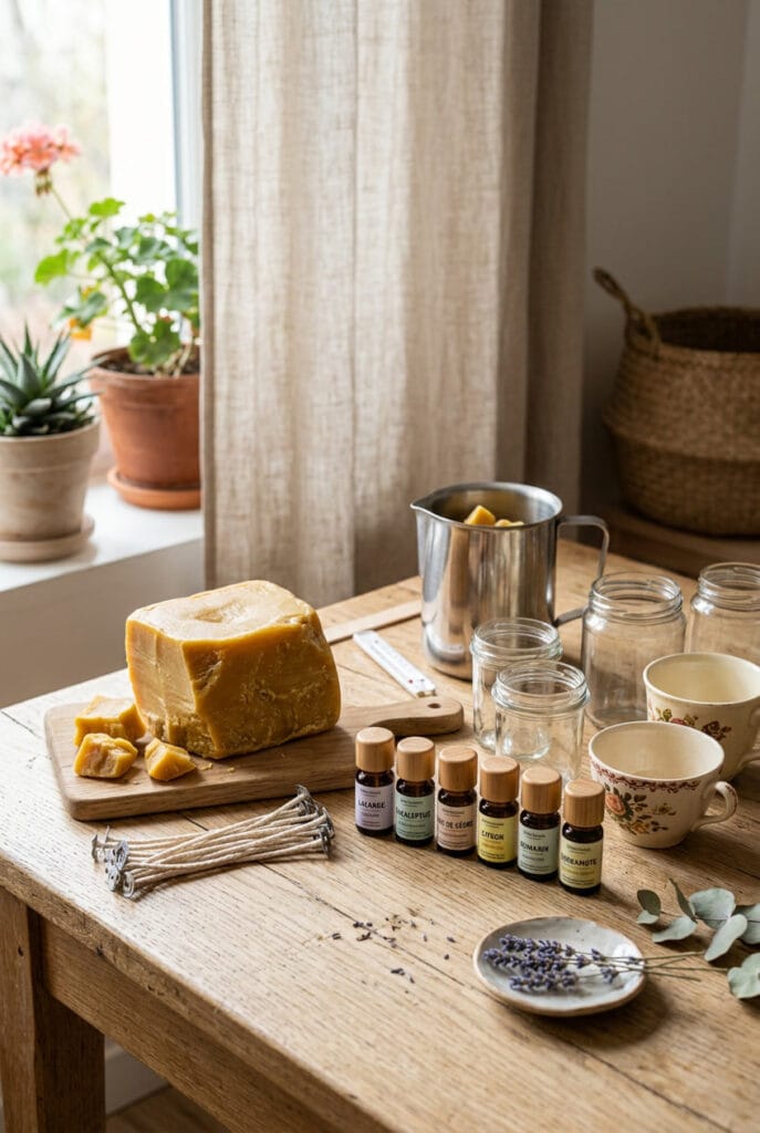 Matériaux pour bougies maison : cire d'abeille, mèches coton, huiles essentielles et pots en verre sur plan de travail en bois
