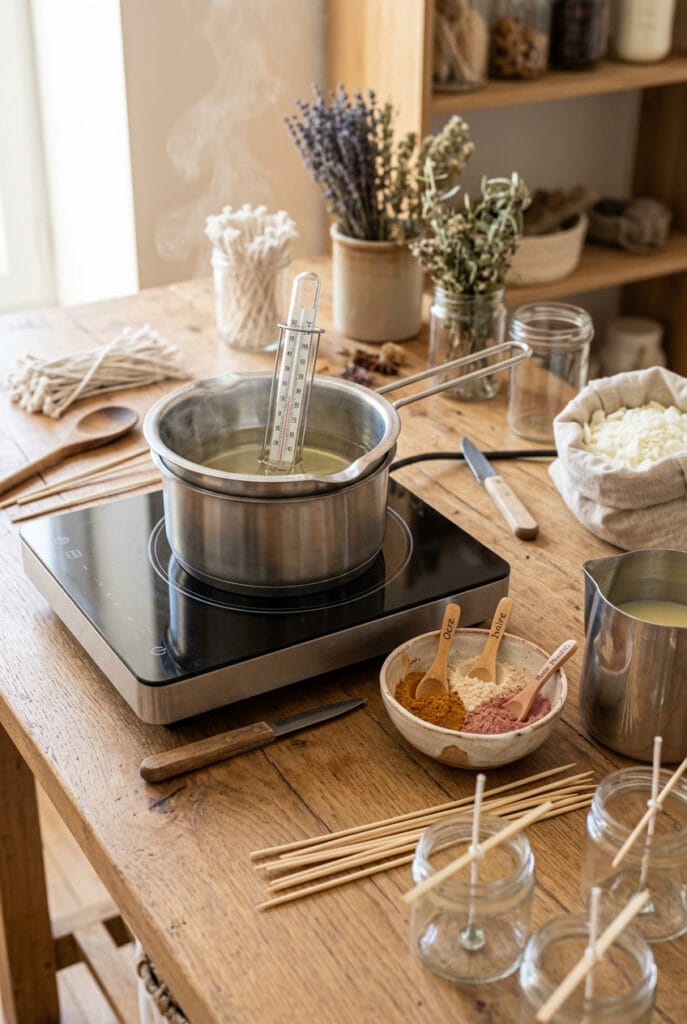 Outils pour bougies maison : thermomètre cuisine, bain-marie, piques brochette et colorants naturels sur plan de travail cosy