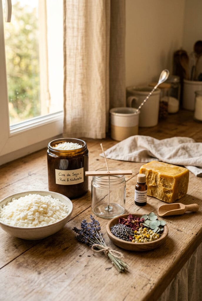 Cire de soja blanche et cire d'abeille dorée pour fabriquer des bougies maison naturelles