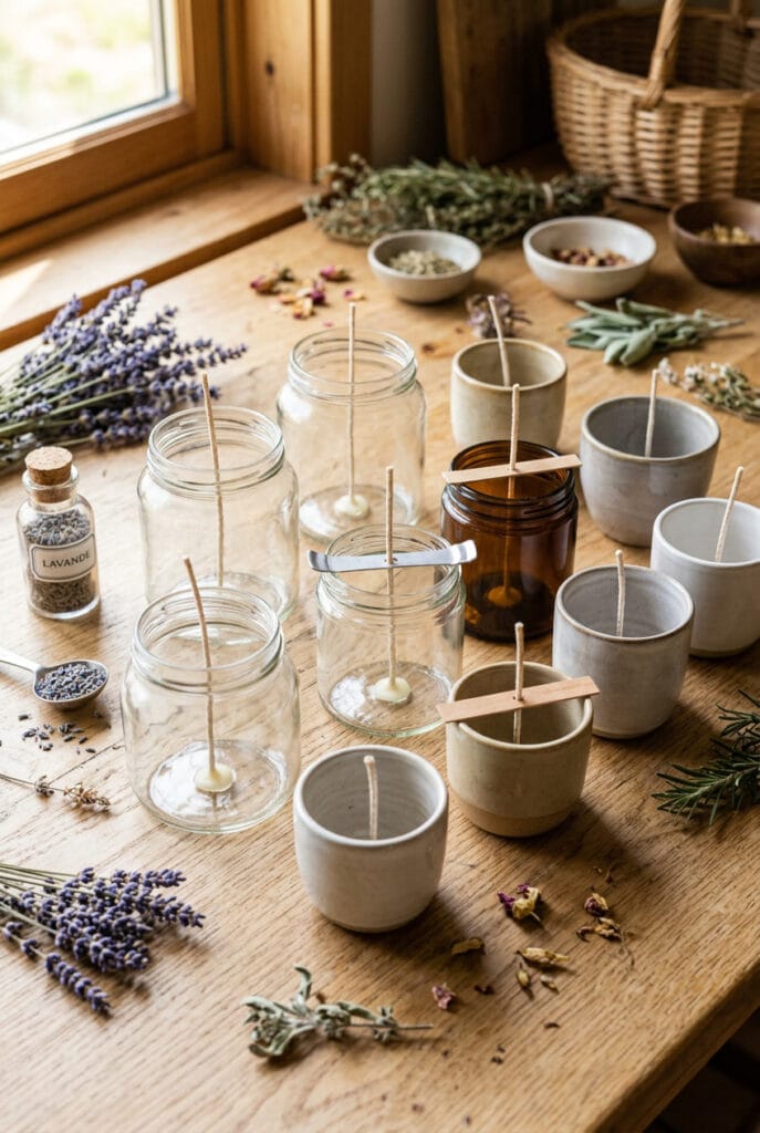 Bocaux en verre recyclé et tasses en céramique préparés avec mèches pour bougies maison DIY