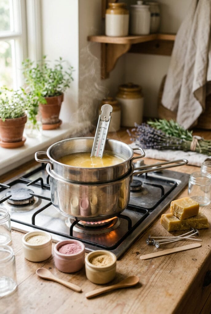 Cire naturelle fondue au bain-marie avec thermomètre et colorants naturels pour bougies maison