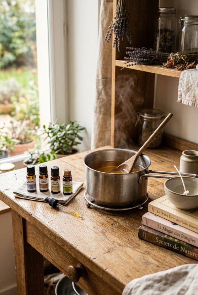 Ajout d'huiles essentielles de lavande et bois de cèdre dans cire fondue pour bougies maison parfumées
