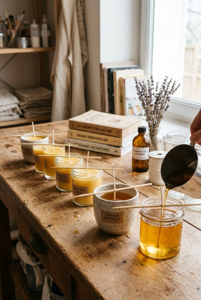 Coulée de cire parfumée dans bocaux en verre avec mèche maintenue droite pour bougies maison DIY