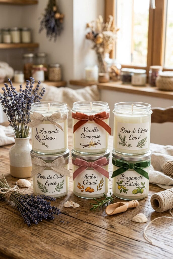 Bougies maison personnalisées avec étiquettes manuscrites ruban lin herbes séchées et coquillages