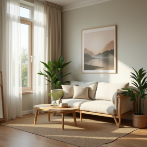 Un salon harmonieux et cosy aménagé selon les principes du Feng Shui, avec des couleurs douces, des plantes vertes, des matériaux naturels et une lumière naturelle abondante, illustrant l’équilibre et l’énergie positive dans un petit appartement.
