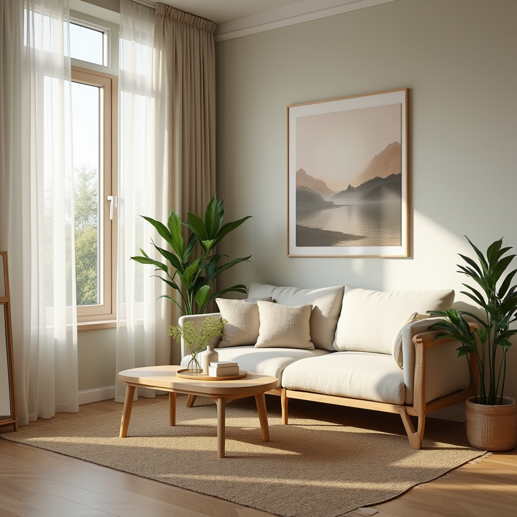 Un salon harmonieux et cosy aménagé selon les principes du Feng Shui, avec des couleurs douces, des plantes vertes, des matériaux naturels et une lumière naturelle abondante, illustrant l’équilibre et l’énergie positive dans un petit appartement.