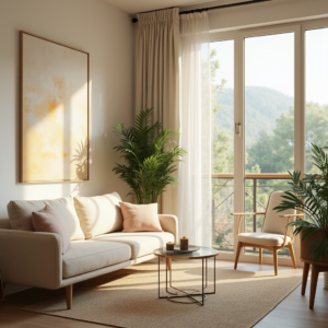 Appartement lumineux et cozy avec astuces pour optimiser la lumière naturelle, grandes fenêtres, rideaux translucides, miroirs, plantes et décoration harmonieuse.