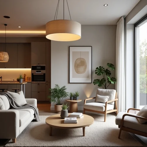 Suspension luminaire moderne dans un intérieur cosy : salon, cuisine et chambre avec éclairage chaleureux et harmonieux.