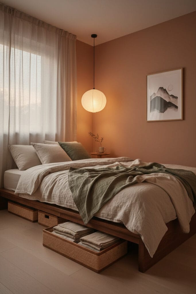 Chambre d'appartement au style Japandi cosy, montrant des boîtes de rangement plates discrètes glissées sous un lit surélevé, ambiance apaisante de fin de journée.