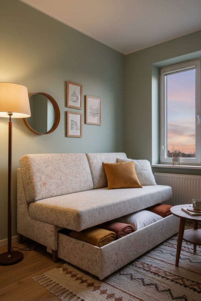 Petit studio cosy de style vintage moderne, montrant un canapé-lit ouvert pour révéler son grand coffre de rangement rempli de couvertures et coussins, ambiance intime de fin de journée.