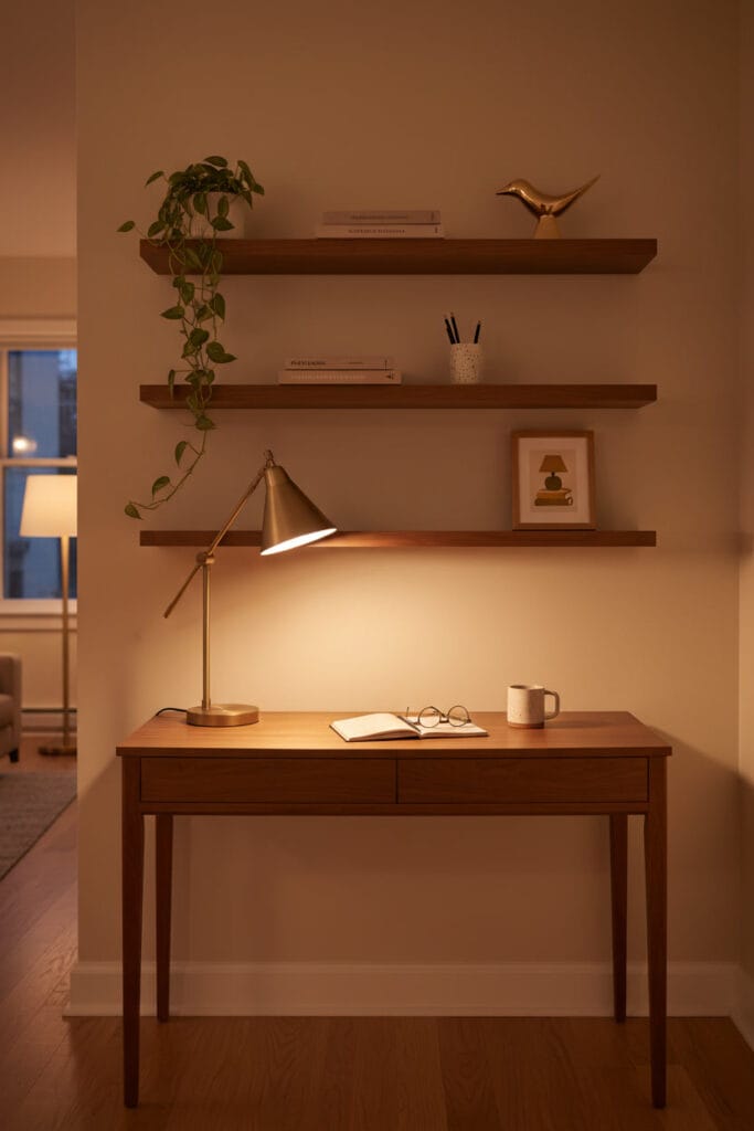 Coin bureau cosy style mid-century moderne, avec des étagères flottantes au-dessus du bureau organisant livres, une plante et un objet décoratif, créant une impression d'espace, ambiance tamisée de fin de journée.