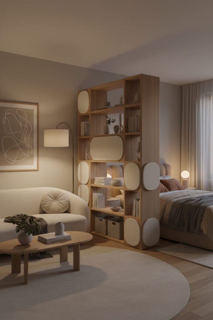 Séjour moderne et cosy dans un petit appartement, avec une étagère modulable servant de séparateur de pièce et offrant un rangement accessible des deux côtés, ambiance douce et adaptable de fin de journée.