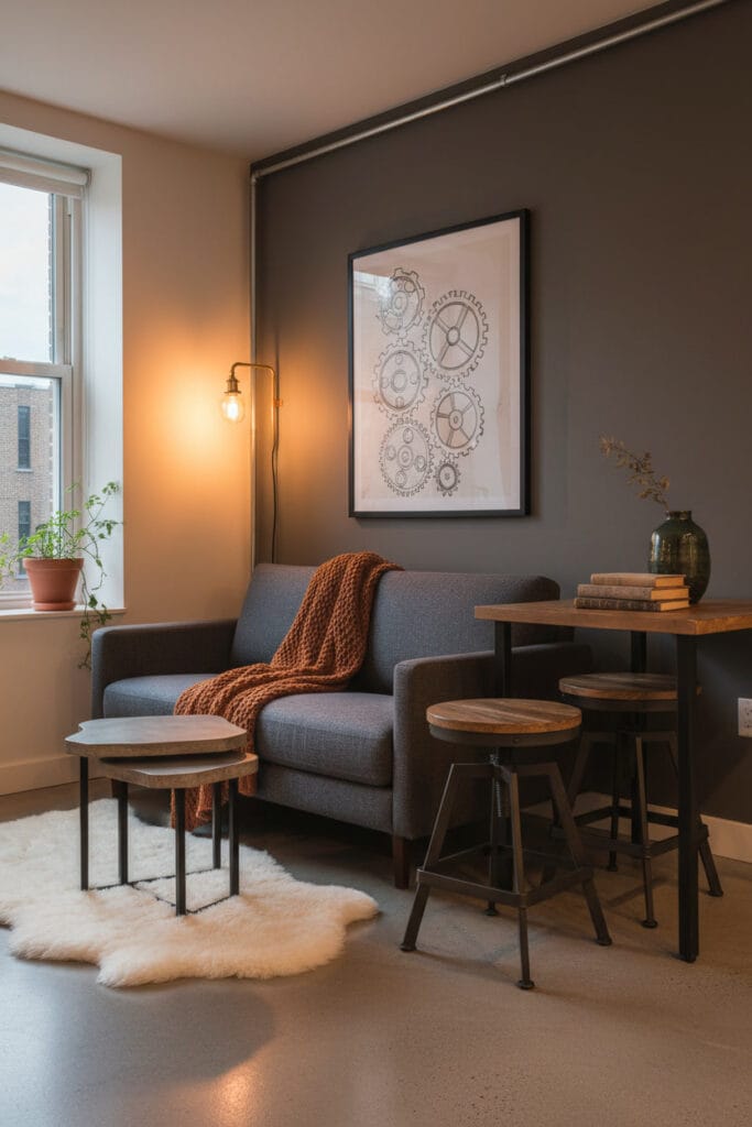 Petit salon cosy de style industriel chic, illustrant des solutions de rangement flexible avec des tabourets empilables et des tables gigognes nichées sous un canapé, ambiance tamisée et intime de fin de journée.