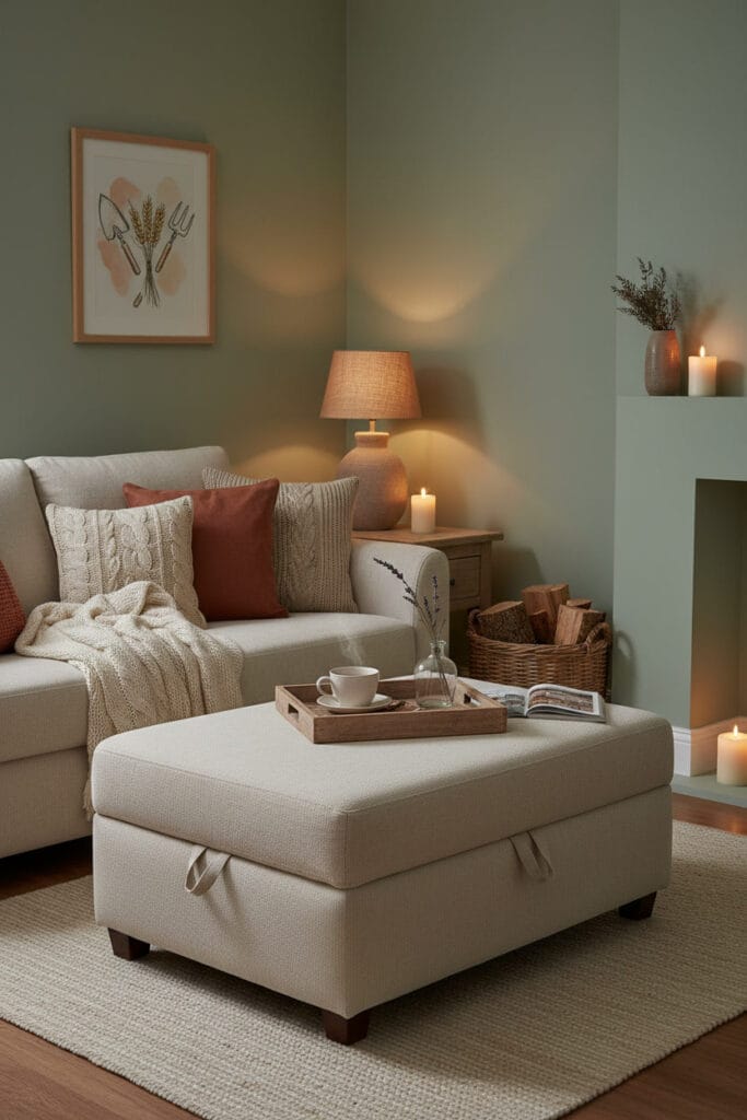 Salon moderne fermier cosy dans un petit appartement, avec un pouf de rangement intégré servant de table basse et révélant un stockage caché, ambiance chaleureuse et tamisée de fin de journée.