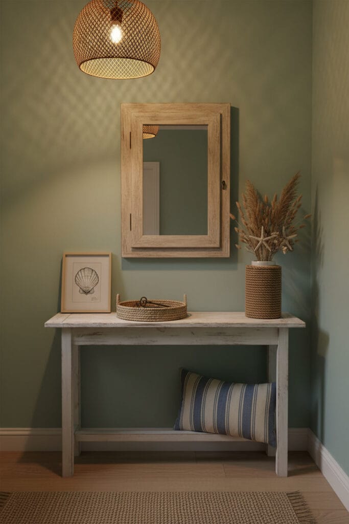 Entrée ou coin cottager côtier cosy dans un petit appartement, avec un miroir mural au cadre épais suggérant un rangement secret fermé, créant de la profondeur, ambiance douce et tamisée de fin de journée.