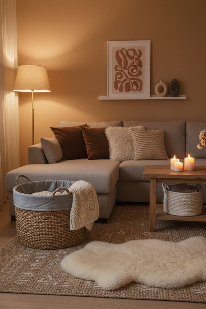 Salon cocooning aux textures neutres dans un petit appartement, avec des paniers en osier et laine pour le rangement doux de plaids, ambiance enveloppante et tamisée de fin de journée.