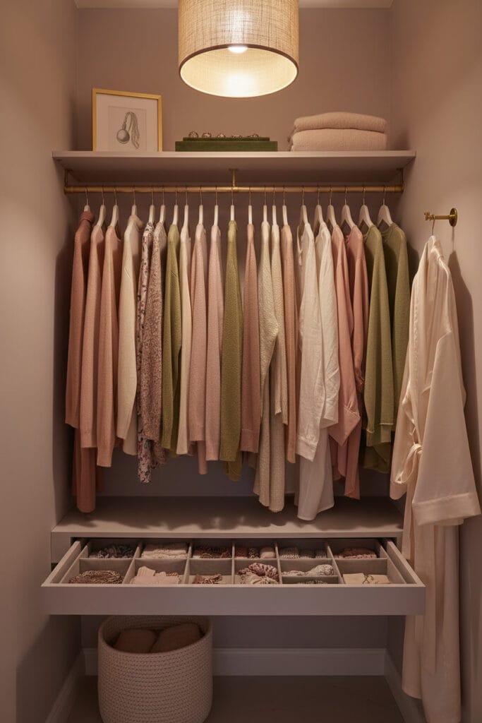 Petit dressing de femme moderne et cosy, avec organisation optimisée par cintrage double et séparateurs, vêtements en couleurs douces, ambiance tamisée et ordonnée