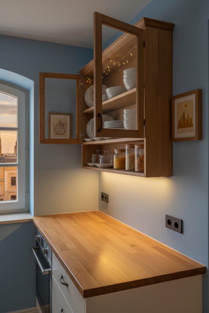 Cuisine cosy de style campagne française dans un petit appartement, avec un placard suspendu ouvert au-dessus d'un plan de travail dégagé, montrant une vaisselle bien rangée, ambiance chaleureuse de fin de journée.