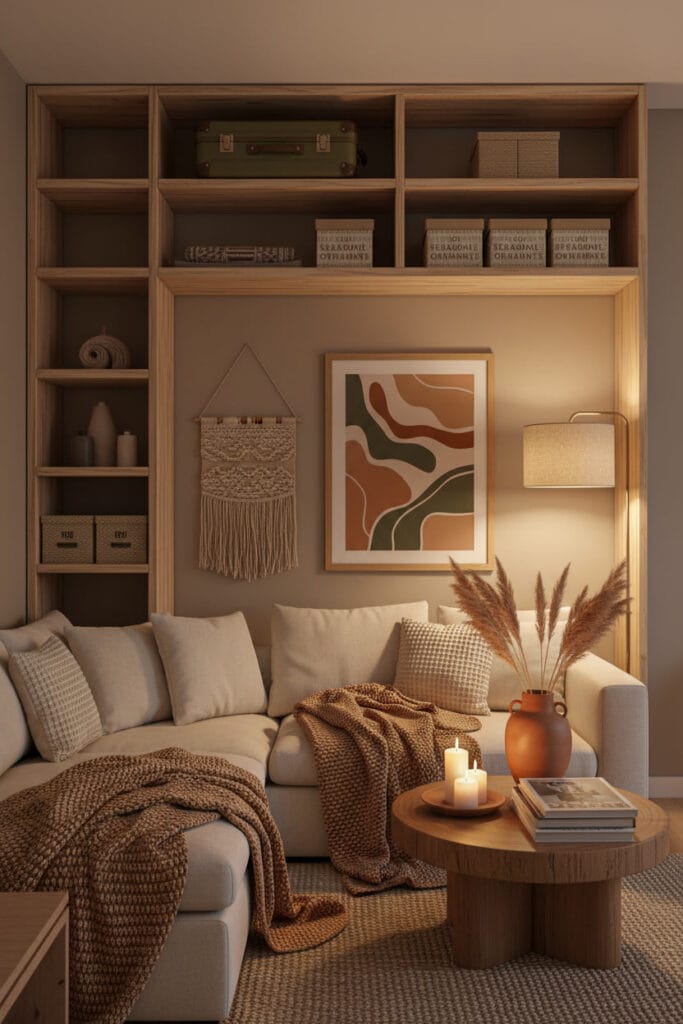 Salon cocooning moderne organique dans un petit appartement, avec des étagères hautes de rangement utilisant l'espace vertical pour valise et décorations, ambiance douce et enveloppante de fin de journée.