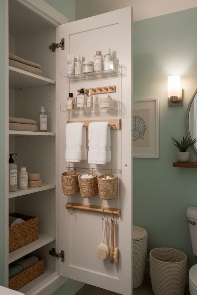 Salle de bain cosy dans un petit appartement, montrant l'intérieur d'une porte de placard équipée d'organisateurs suspendus pour rangement d'articles de toilette, ambiance douce