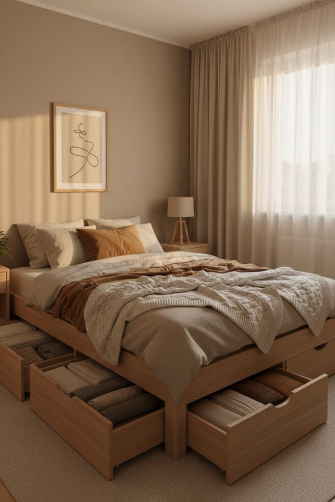 Chambre cosy dans un petit appartement, illustrant la solution de rangement sous le lit avec un lit à tiroirs intégrés rempli de linge de maison, ambiance douce de fin de journée.