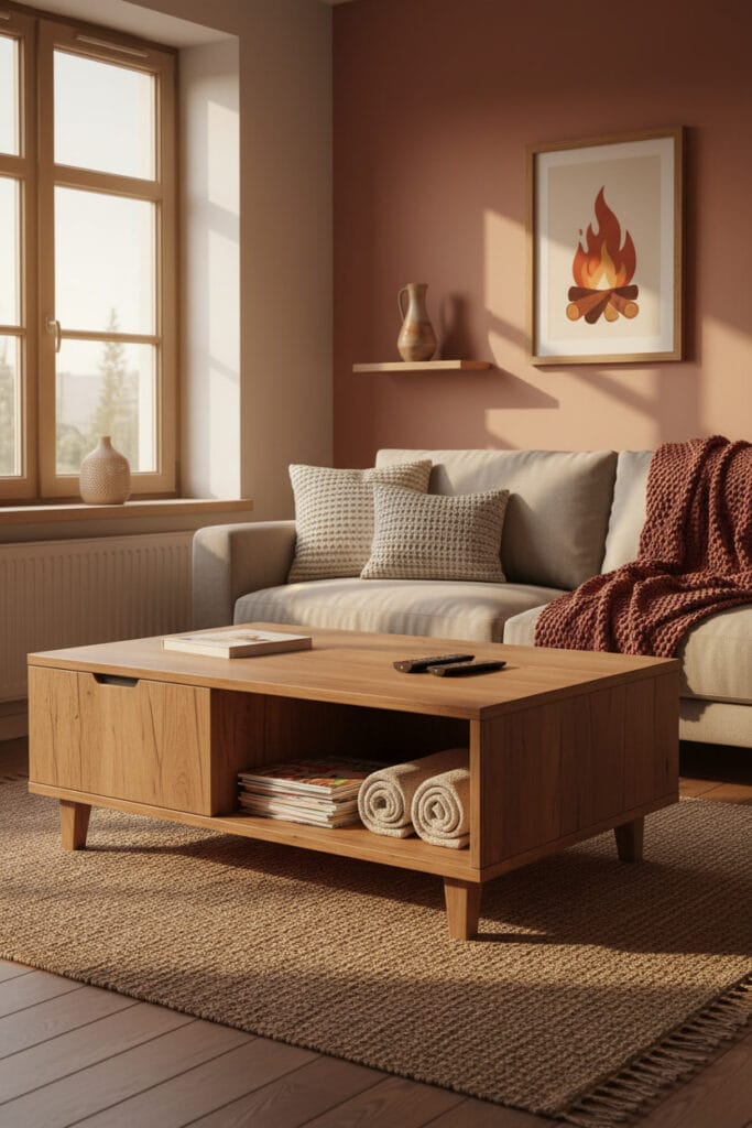 Salon cosy moderne rustique avec une table basse à compartiment de rangement caché ouvert, montrant des magazines et une télécommande, ambiance chaleureuse de fin de journée.