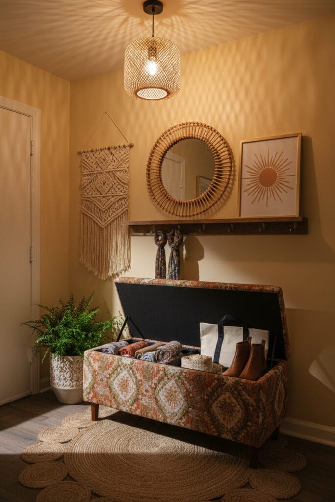 Entrée boho cosy dans un petit appartement, avec un banc à rangement intégré ouvert révélant son contenu organisé, ambiance tamisée de fin de journée.