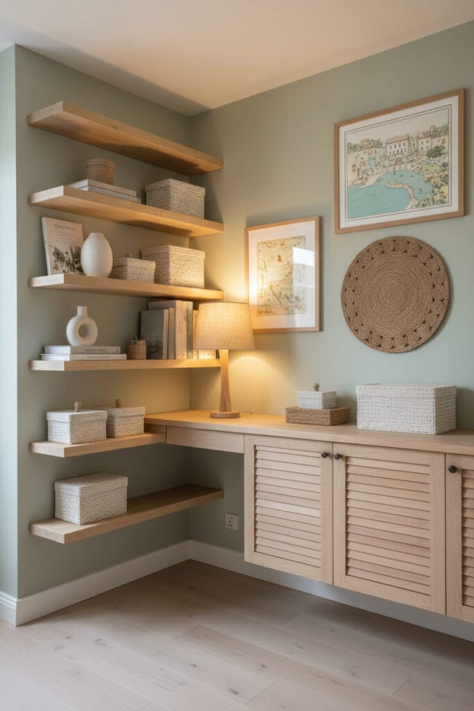 Coin bureau cosy au style côtier doux, illustrant des solutions de rangement mural comme des étagères flottantes et un placard suspendu, libérant le sol pour une impression d'espace, ambiance sereine de fin de journée.
