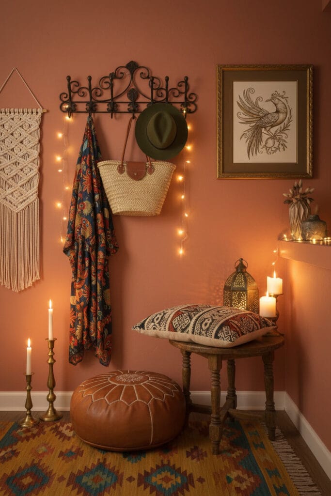 Entrée ou coin boho éclectique dans un petit appartement, avec un porte-manteau mural orné organisant vêtements et accessoires colorés, sol dégagé, ambiance chaleureuse et tamisée de fin de journée.