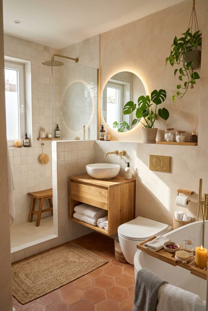 Meuble vasque suspendu en bois clair dans une salle de bain style spa