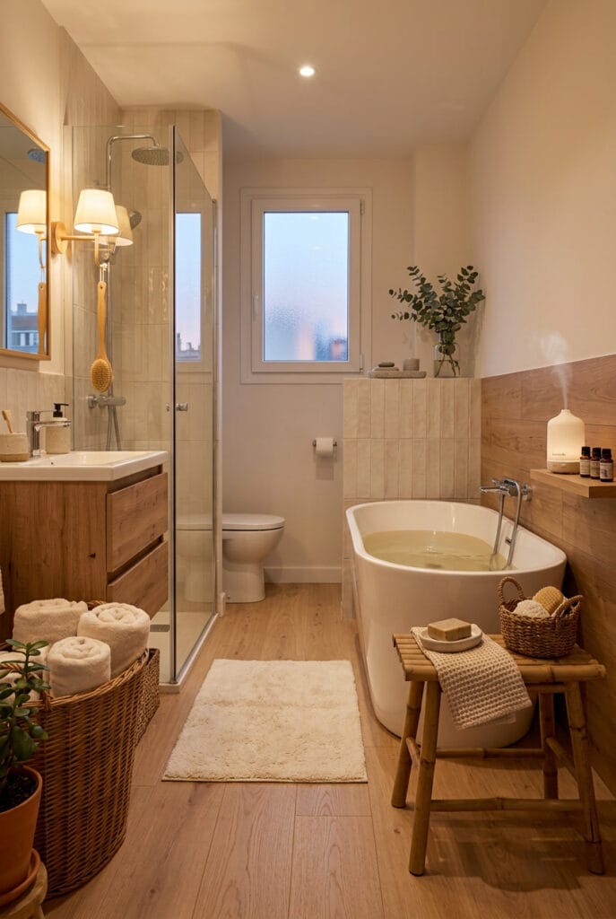 Serviettes en coton bio et diffuseur d'huiles essentielles dans une salle de bain