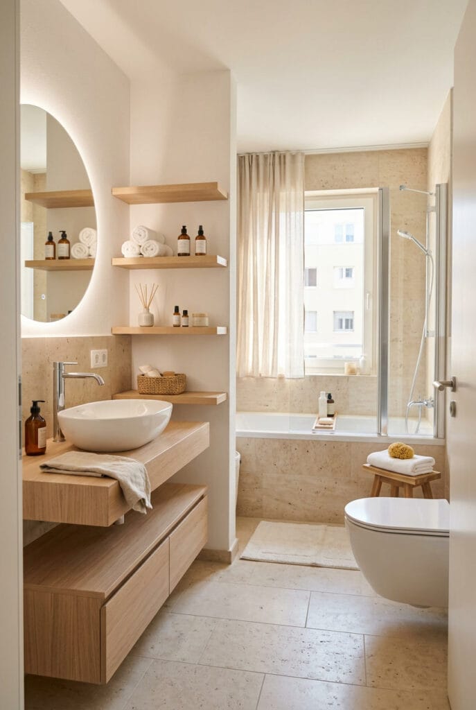 Meubles à tiroirs et étagères murales dans une salle de bain rangée