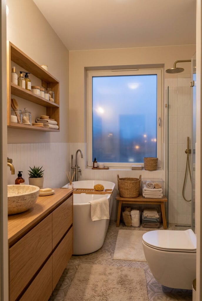 Paniers et boîtes de rangement transparentes dans une salle de bain