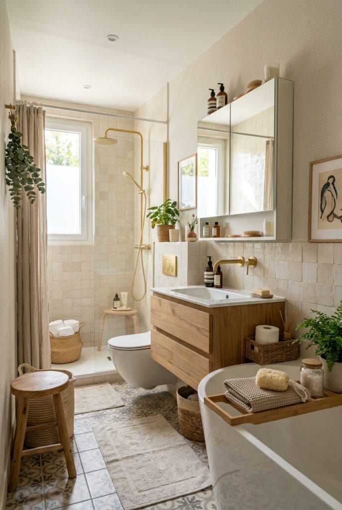 Armoire à miroir avec rangements intégrés dans une petite salle de bain