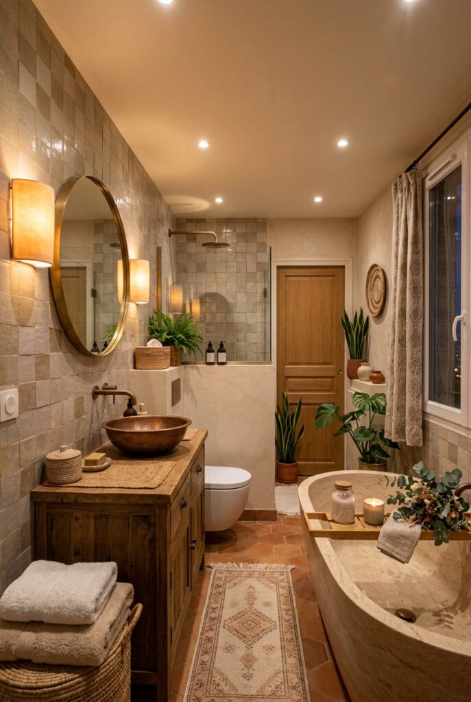 Éclairage doux avec appliques murales dans une salle de bain ambiance spa