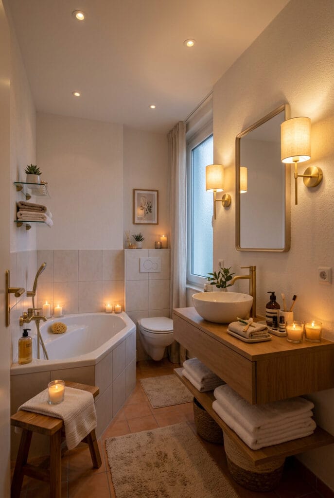 Bougies parfumées disposées dans une salle de bain ambiance spa