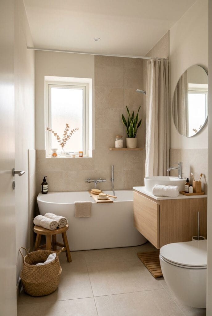 Salle de bain aux teintes douces blanc et beige avec carrelage mat