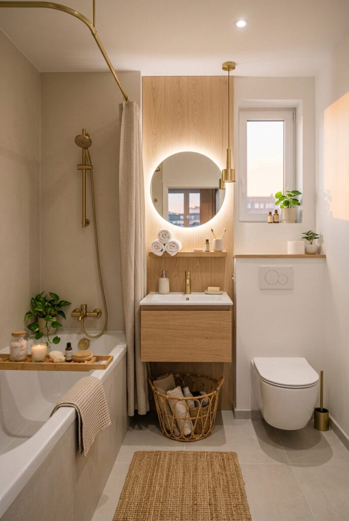 Étagères en bois clair et paniers en osier dans une salle de bain naturelle