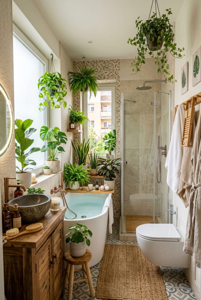 Plantes vertes résistantes à l'humidité dans une salle de bain ambiance spa