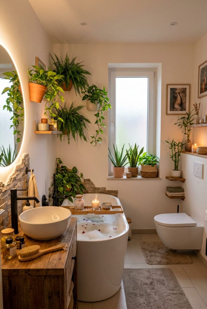Fougères, pothos et bambou dans une salle de bain sans fenêtre