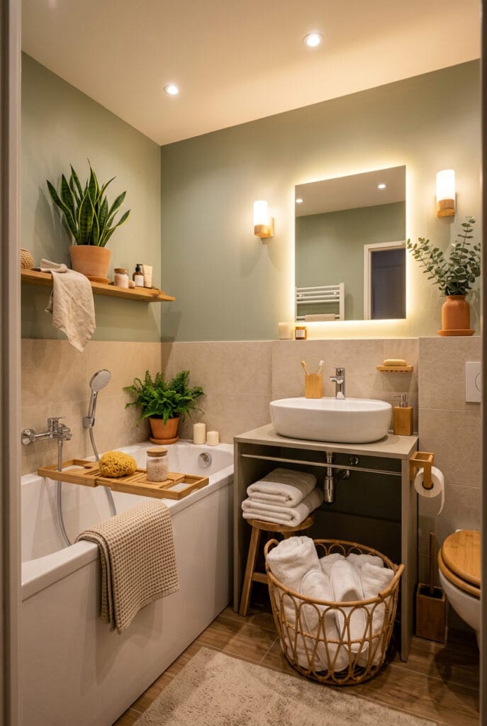 Porte-savon en bambou et panier en osier dans une salle de bain zen
