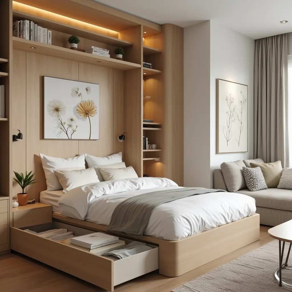 Rangement Caché dans un petit appartement cosy avec un lit à tiroirs, une table basse avec compartiment et des étagères murales, optimisant l’espace tout en gardant une décoration harmonieuse.