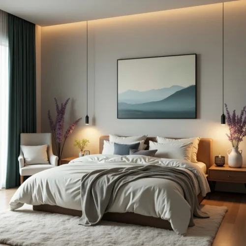 Chambre à coucher apaisante avec couleurs douces, rideaux occultants, décoration minimaliste et ambiance zen pour un sommeil réparateur.