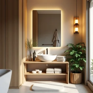 Salle de Bain Spa : ambiance cosy avec étagères en bois, plantes vertes, éclairage doux et décoration harmonieuse pour une détente optimale.