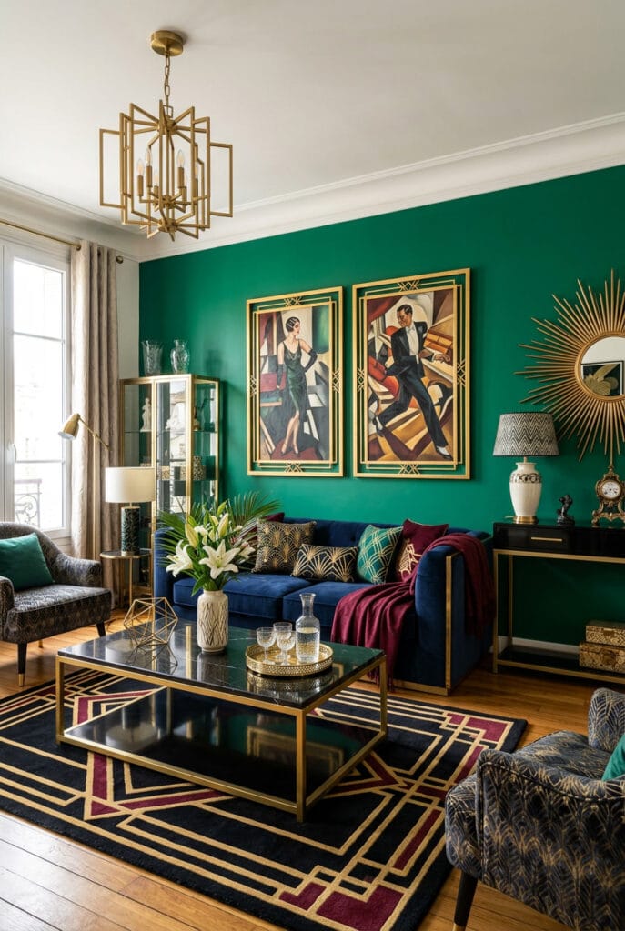 Couleurs sombres Art Déco : vert émeraude, bleu marine et bordeaux